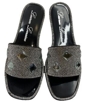 Lauren Lorraine Bianca Jelly Flip Flops Rhinestone Embellished Black Sz 9.5